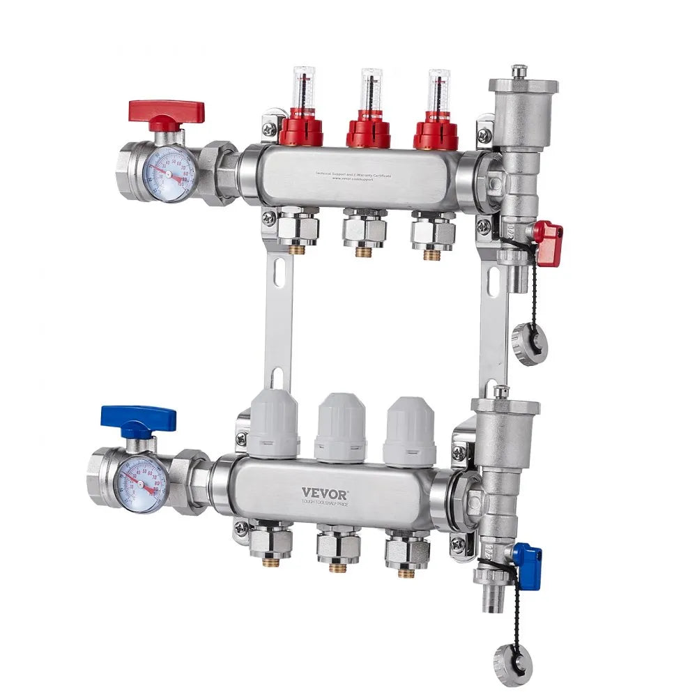 VEVOR 3-Branch Radiant Heat Manifold 1/2" PEX Tubing Floor Heating Manifold Set