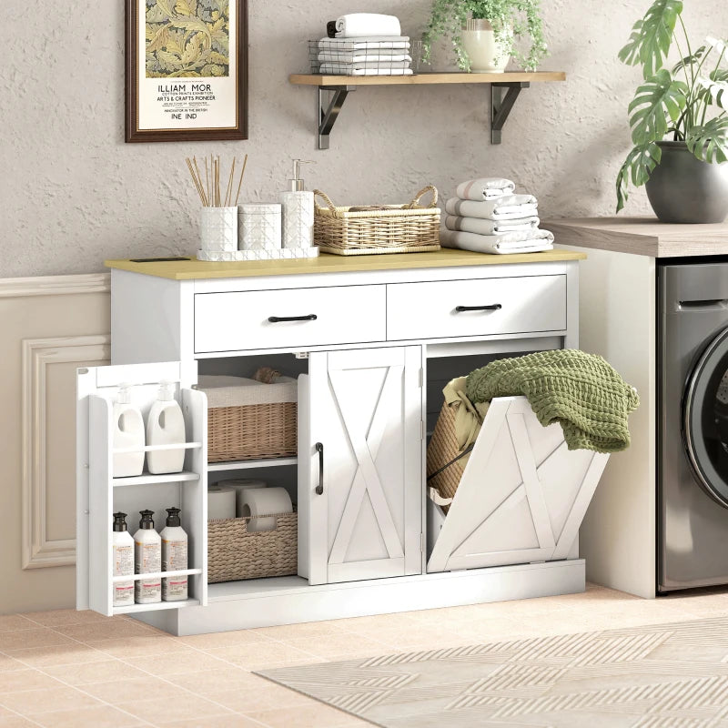 7 Gallon Tilt Out Garbage Cabinet, Kitchen Island with Charging Station, 2 Drawers, 4 Door Racks, White