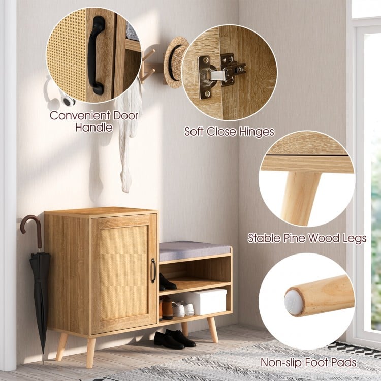 2-in-1 Rattan Shoe Cabinet with Bench Shoe Storage Bench with Washable Cushion-Natural