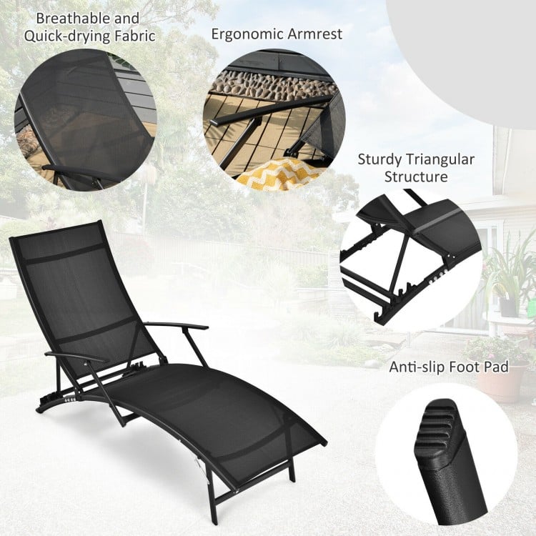 2 Pieces Patio Folding Stackable Lounge Chair Chaise with Armrest-Black