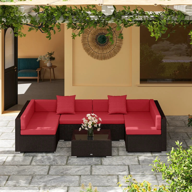 7 Pieces Patio Furniture Set, Rattan Conversation Set Garden Wicker Sofa Set with Washable Cushions and Coffee Table, for Deck Balcony Yard, Wine Red