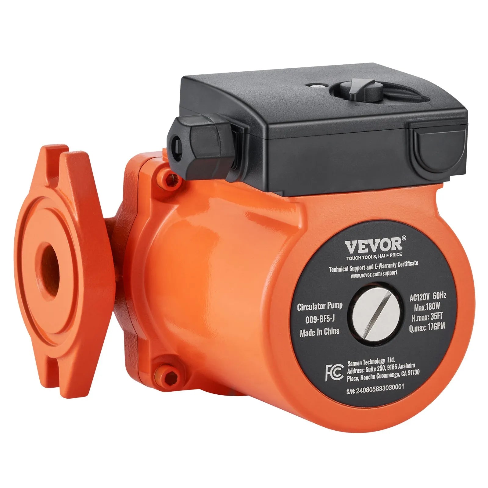 VEVOR 009-BF5-J Hot Water Circulation Pump 110V 180W 17 GPM Recirculating Pump