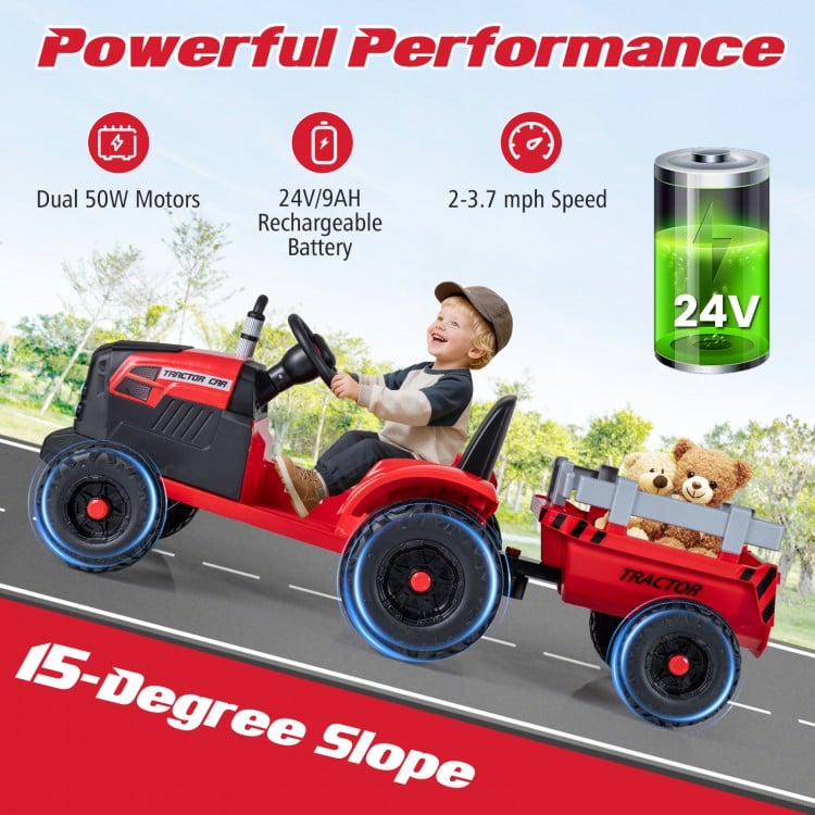 24V Ride On Tractor for Kids Electric Vehicle with Detachable Trailer and Remote Control-Red