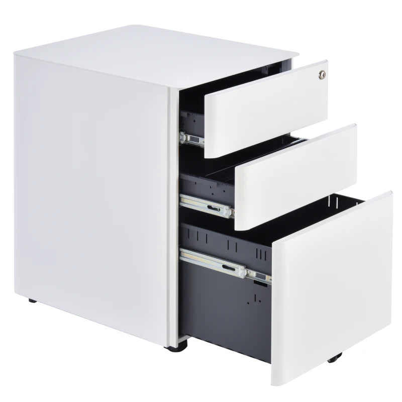 3 Drawer Filing Cabinet, Steel Home Office Storage Cabinet with Wheels, Lock for A4, Letters, Legal-sized Files, White