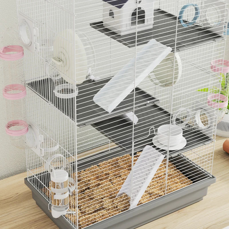 4-Level Large Hamster Cage with DIY Tubes, Water Bottle, Food Dish, Hut, Exercise Wheels, Grey