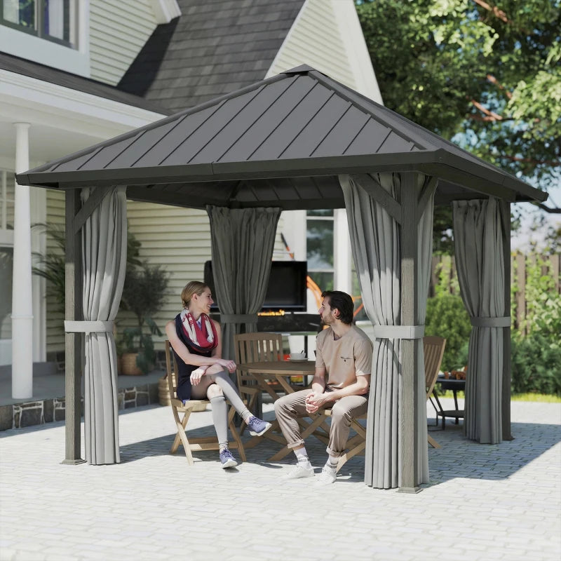10' x 10' Hardtop Gazebo with Galvanized Steel Roof, Permanent Garden Gazebo with Netting and Curtains