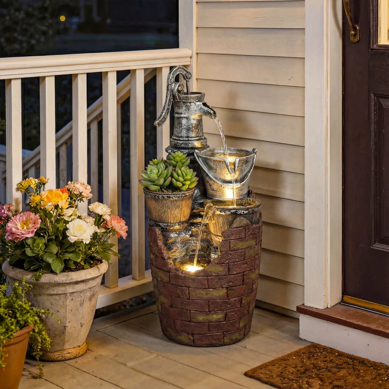 4-Tier Outdoor Fountain with Planter, Cascading Waterfall Feature with LED Lights, Rustic Brown and Grey