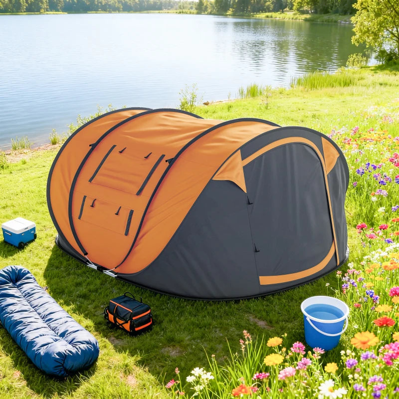4 Person Camping Tent, Easy Pop Up Tent with Doors, Windows and Carry Bag, Automatic Setup Tent for Hiking, Orange