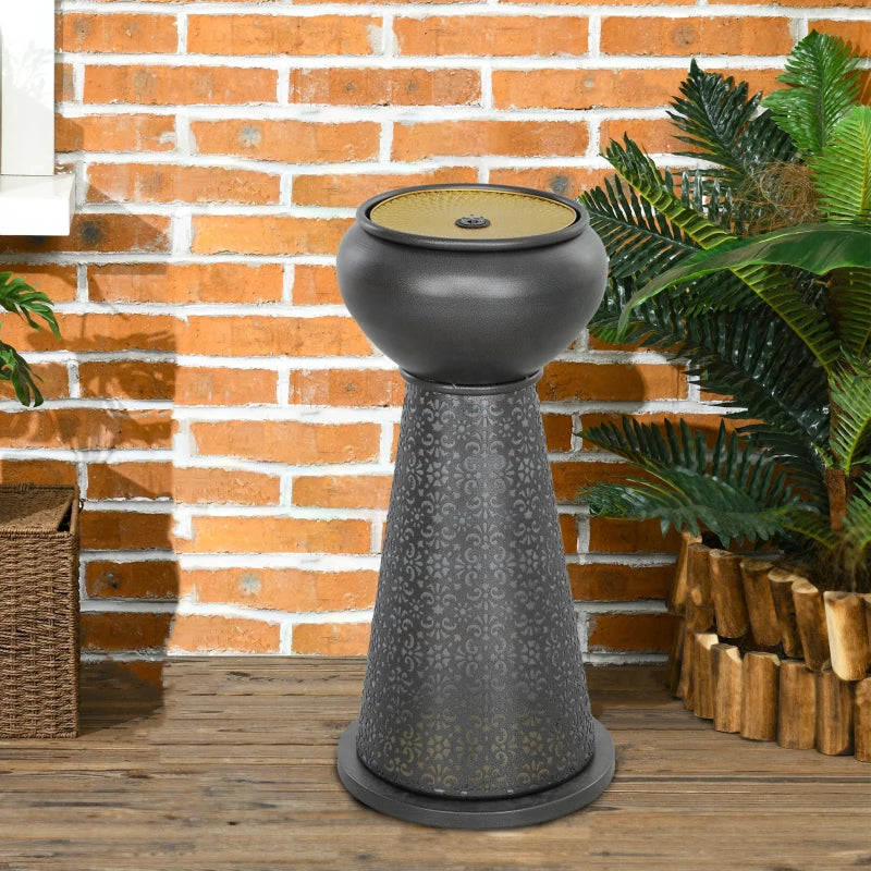 28" Tall Outdoor Water Fountain with LED Lights, Bowl Garden Waterfall Fountain with Adjustable Flow, Outdoor Water Feature with Cut-out Floral Base, Dark Grey and Yellow