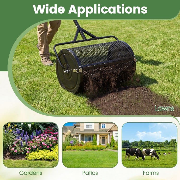 24 Inch Compost Spreader Peat Moss Spreader Roller with Height-Adjustable T-Shaped Handle-Black