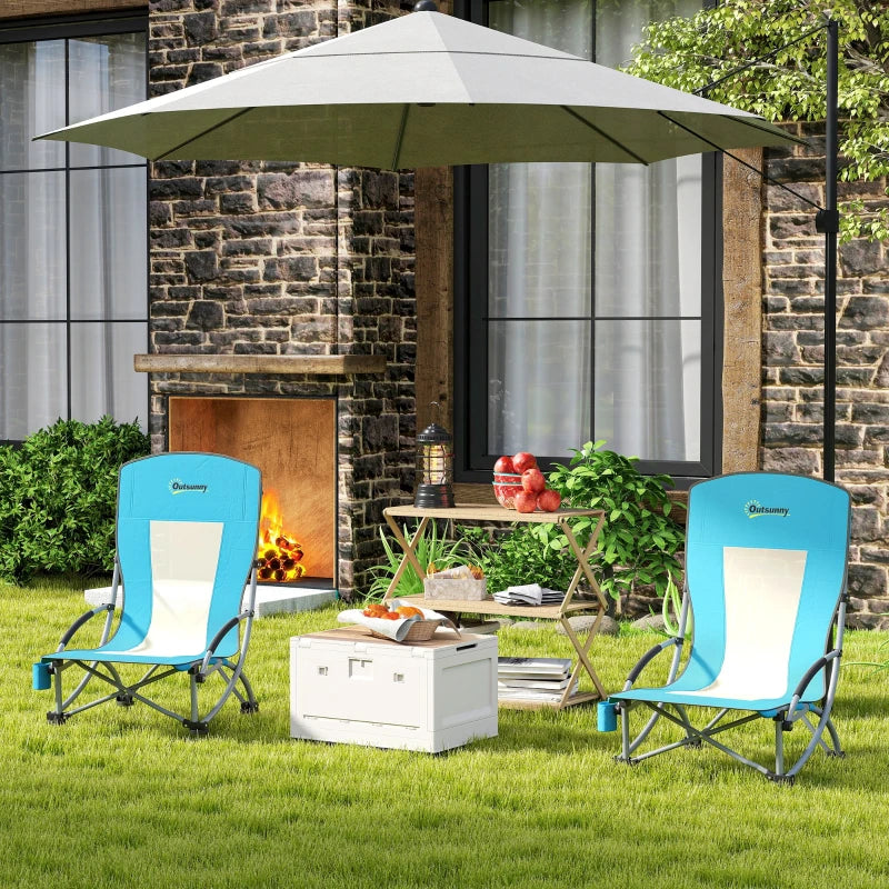 Set of 2 Folding Beach Chairs with Mesh Back, Carry Bag and Cup Holder for Outdoor Camping Lawn, 27.6" x 22.8" x 31.1"