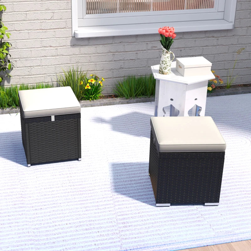2 Pieces Wicker Outdoor Ottoman with Storage, Cushion, Square Outdoor Footstool, Seating, Side Table, Light Grey
