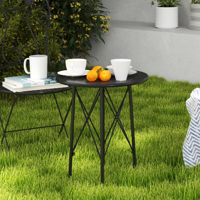 15.7" Round Garden Table with Floral Cut-Out, Steel Balcony Side Bistro Coffee Table with Adjustable Feet, Black