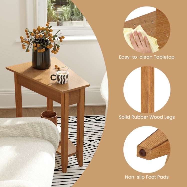 2-Tier Wedge Narrow End Table with Storage Shelf and Solid Wood Legs-Walnut