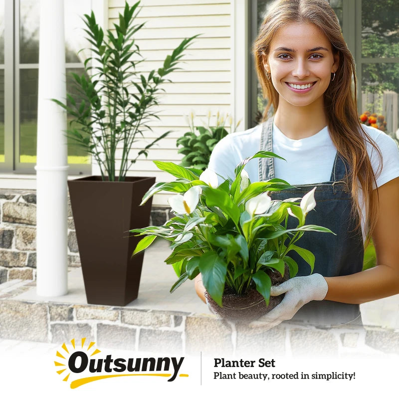 28" Tall Garden Plastic Planters, Outdoor and Indoor Flower Pots, Set of 3 for Entryway, Patio, Yard, Brown