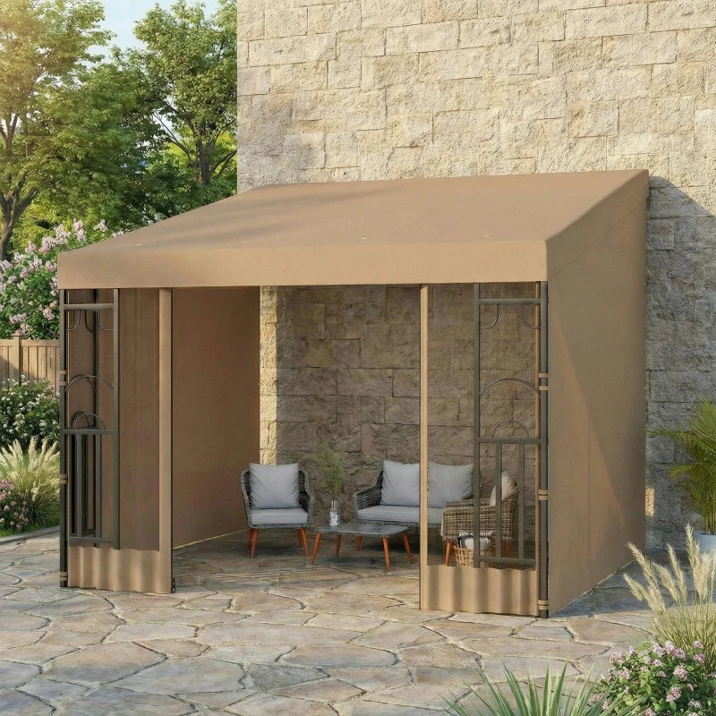 10' x 10' Wall Pergola, Outdoor Gazebo with 2 Curtains and 2 Nettings, UV Resistant, for Patio, Deck, Khaki