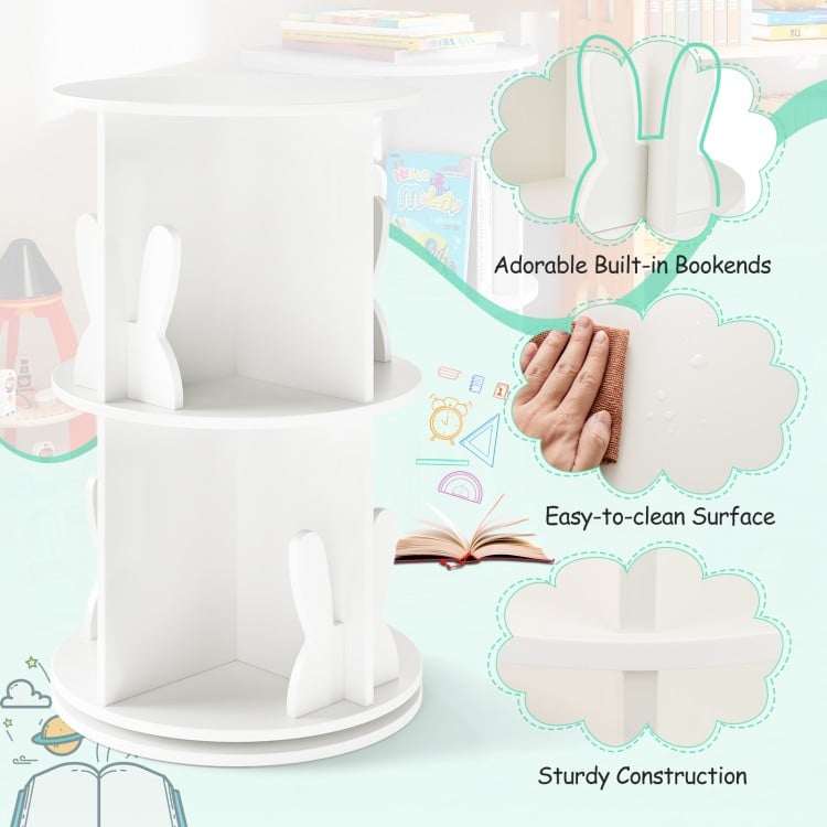 2 Tier Freestanding Kids Rotating Bookshelf Storage Rack with Bunny Baffles-White