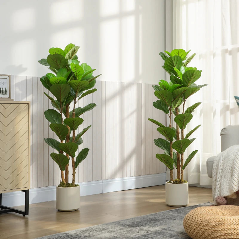 4FT Artificial Fiddle Leaf Fig Tree Set of 2, Fake Potted Tree with Solid Wood Trunks for Indoor Decor, Green