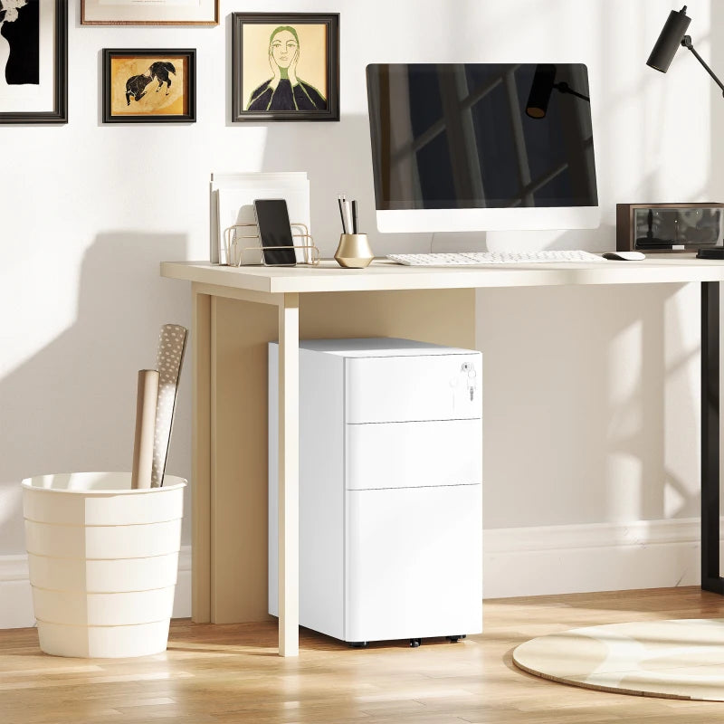 3 Drawer Filing Cabinet, Lockable Steel Office Storage Cabinet with Hanging Bar for Letter, A4, Legal Files, White