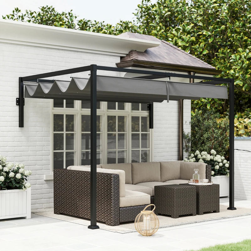 10' x 7' Lean To Pergola, Metal Pergola with Retractable Roof for Grill, Garden, Patio, Deck