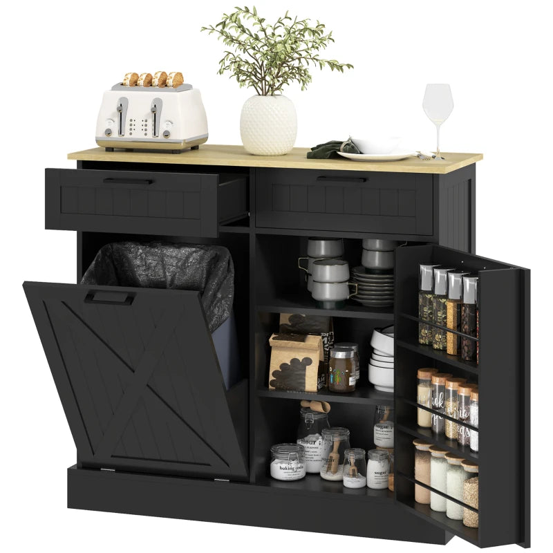 10 Gallon Hidden Garbage Bin Cabinet, Tilt Out Trash Cabinet w/ 2 Drawers, Freestanding Kitchen Island, Black