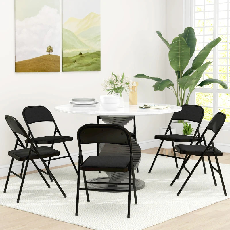 Set of 6 Metal Foldable Chairs, Linen Padded Folding Chairs with Cushion Seat and Open Back for Indoor, Black