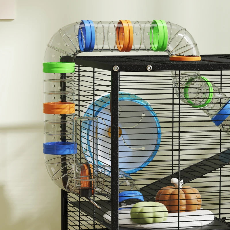 3 Tier Rolling Hamster Cage with 7" Deep Tray, Storage Shelf, Big Exercise Wheel, Tube System, for Syrian, Gerbil, Rat