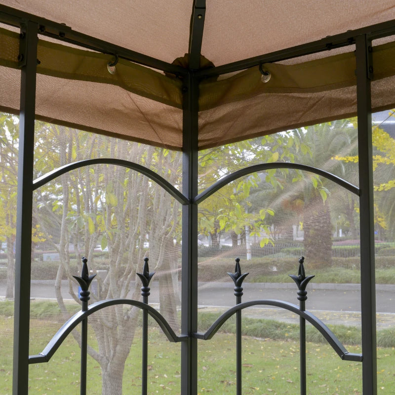 10' x 10' Steel Outdoor Patio Gazebo Canopy with Removable Mesh Curtains, Display Shelves, & Steel Frame, Brown