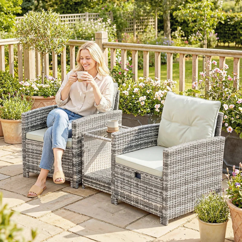 5 Piece Patio Furniture Set, Wicker Patio Chairs with Ottomans, 2-Tier Glass Coffee Table and Cushions, Grey/Cream White
