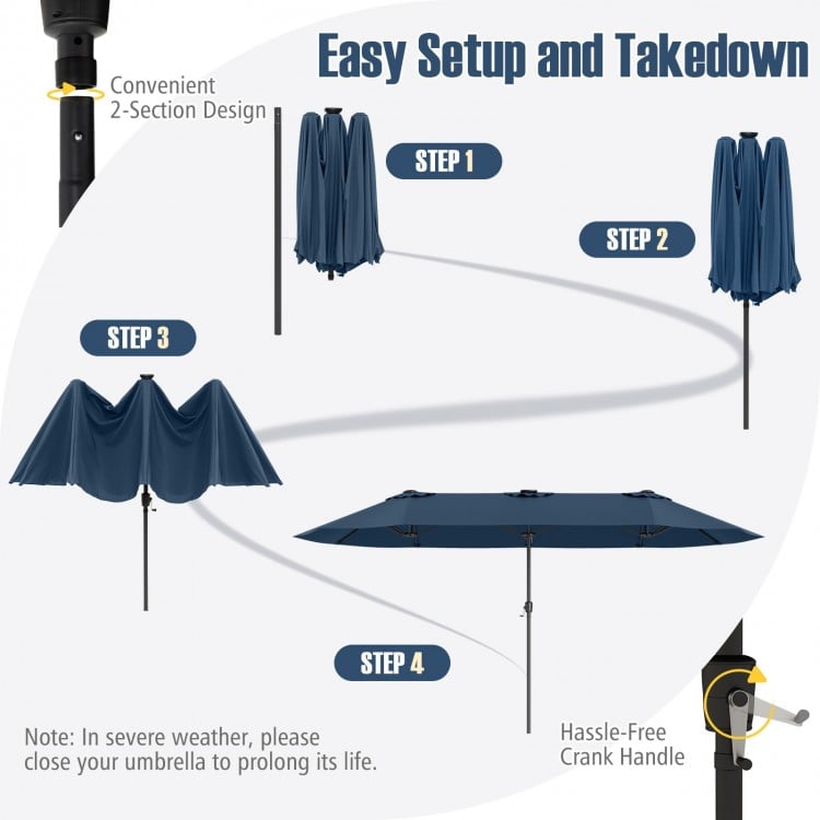 15.5 FT Extra-Large Patio Umbrella with LED Solar Lights and Crank Handle-Navy