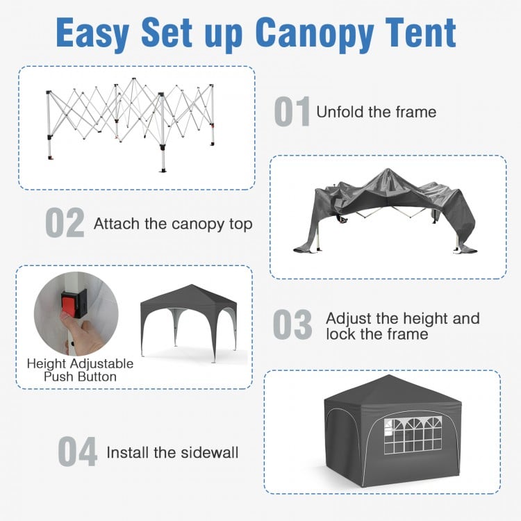 10 X 10 FT Pop up Canopy Tent with 4 Removable Sidewall-Gray