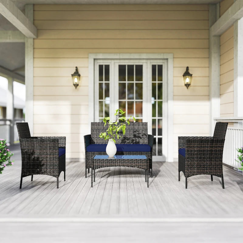 4 Pieces Wicker Outdoor Balcony Furniture Set Rattan Patio Furniture Set with Loveseat Chairs Glass Coffee Table Navy Blue