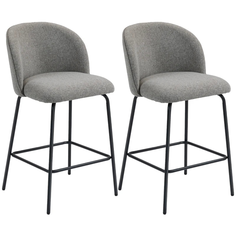 Set of 2 Counter Height Barstools, Upholstered Linen Bar Stools with Backrest, Footrest and Steel Legs, Dark Grey