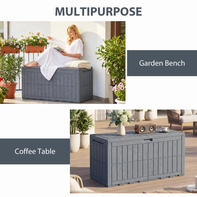100 Gallon Resin Deck Box, Waterproof Lockable Outdoor Storage Box with Pneumatic Gas Rods, Side Handles