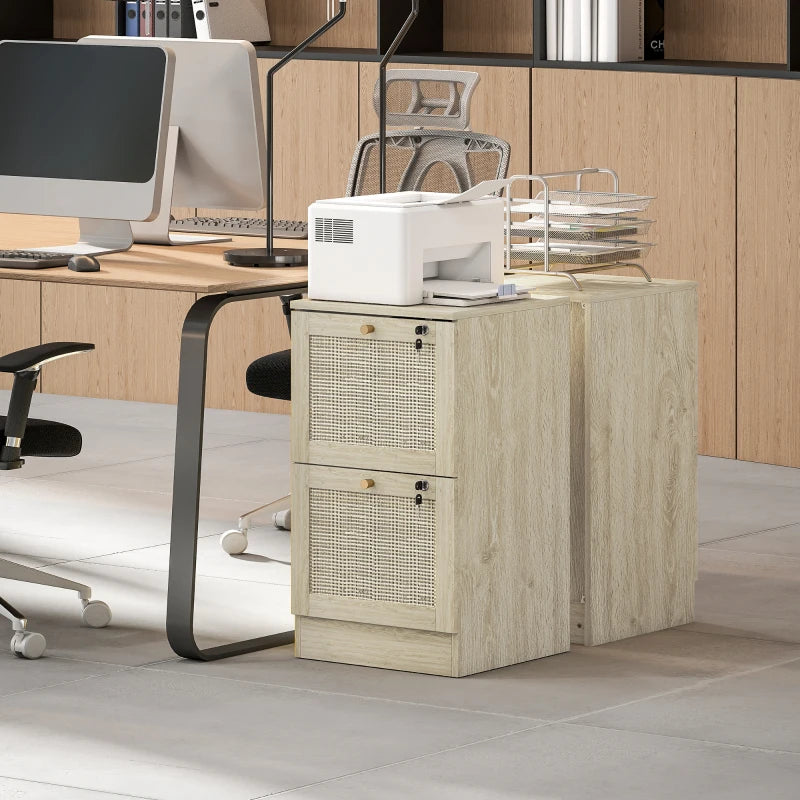 2 Drawer Filing Cabinet with Lock, Boho File Cabinet for A4 Letter Size Files with Decorative Rattan Accents, Oak