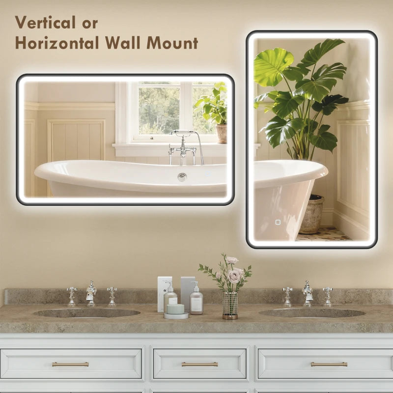 40" x 24" Bath Mirror with LED Lights, Wall Mounted Restroom Mirror, 3 Colours, Dimmable, Horizontal/Vertical, Black