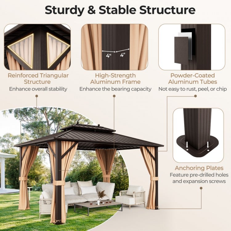10x13ft Double-Roof Patio Hardtop Gazebo with Galvanized Steel Roof Netting and Curtains-Coffee