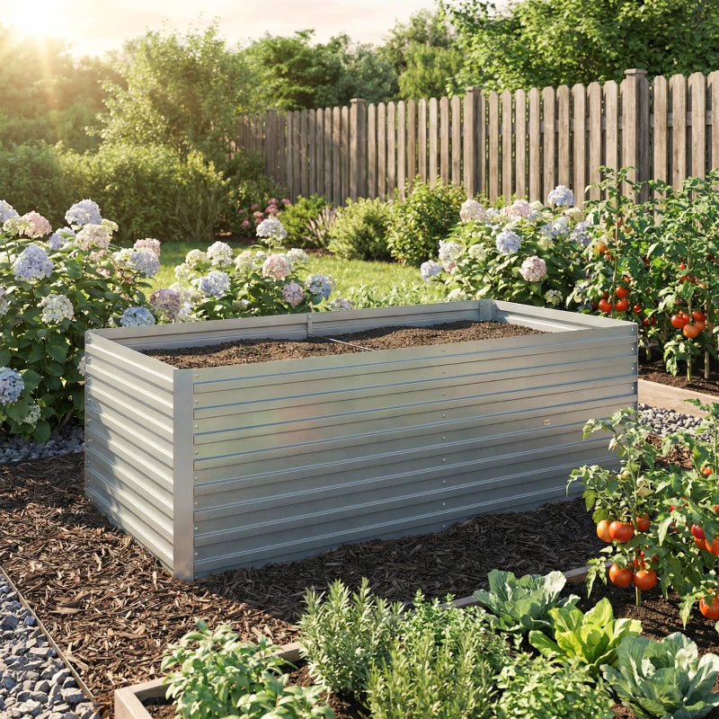 Set of 2 Galvanised Raised Garden Bed, 6 x 3 x 2 ft Metal Garden Bed with Safe Edging, Silver