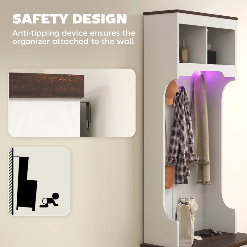 3-in-1 Hall Tree with LED Lights and Bench, Coat Rack with Shoe Storage, White Wood Grain with Light