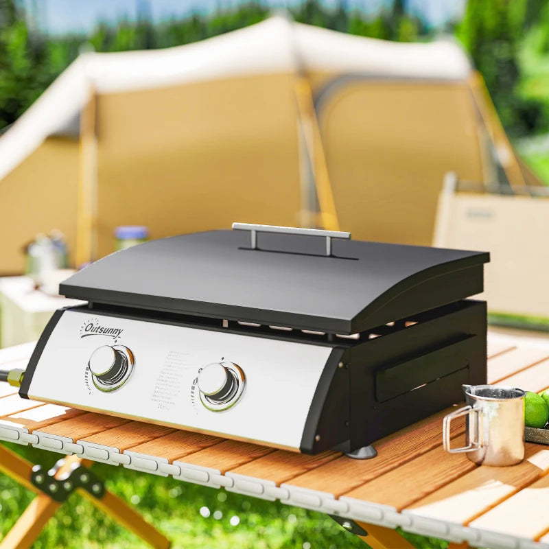 2 Burner Liquefied Gas Grill, Portable Tabletop BBQ Grill, for Camping, Picnic, Silver