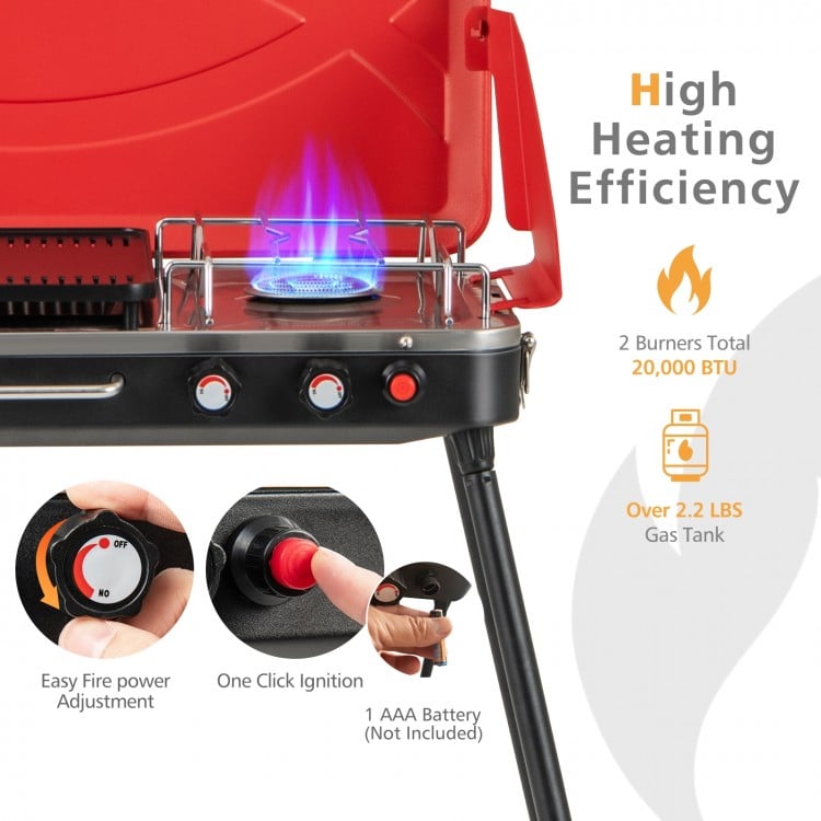 2-in-1 Gas Camping Grill and Stove with 4 Detachable Legs-Red