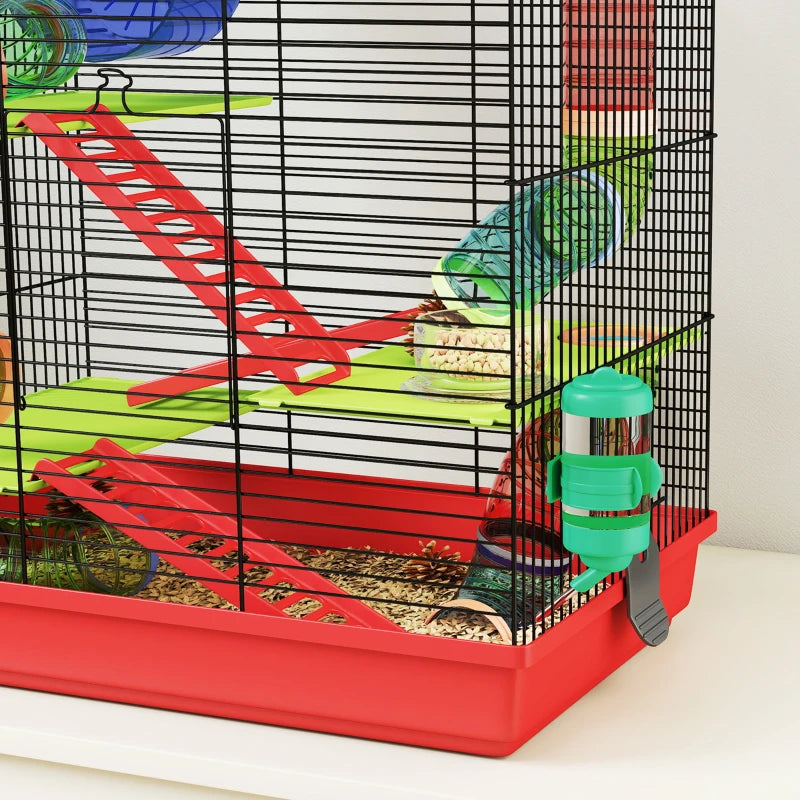18.5" Hamster Cage, 5 Tiers Small Animal House with Tunnel Tube System, Exercise Wheel, Water Bottle, Red