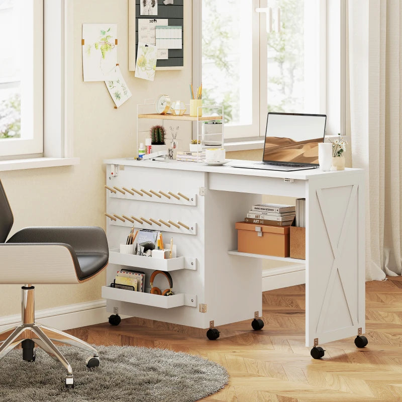 Sewing Machine Table on Wheels, Folding Craft Table with 2 Bins, Storage Shelf, 18 Pegs, Lockable Wheels, White