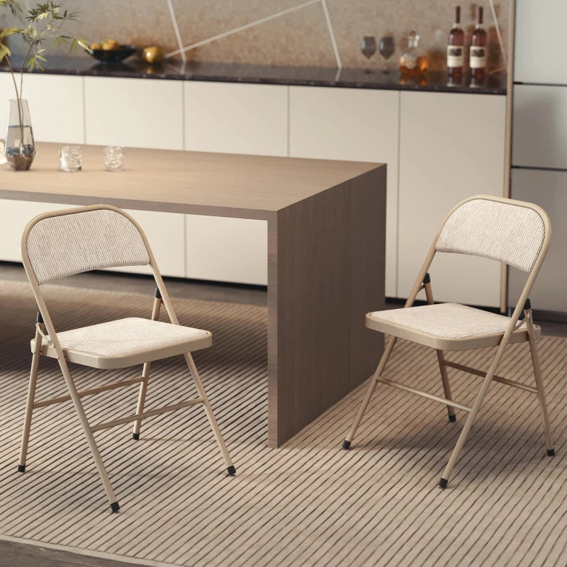 Set of 2 Metal Foldable Chairs, Linen Fabric Padded Folding Chairs with Cushion Seat and Open Back for Indoor, Beige