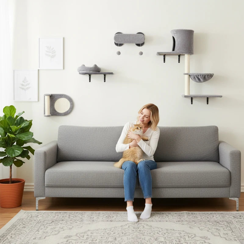 4Pcs Cat Wall Shelves with Scratching Post & Pad, Condo, Hammock, Bed, Step, Hanging Pompoms, Perches