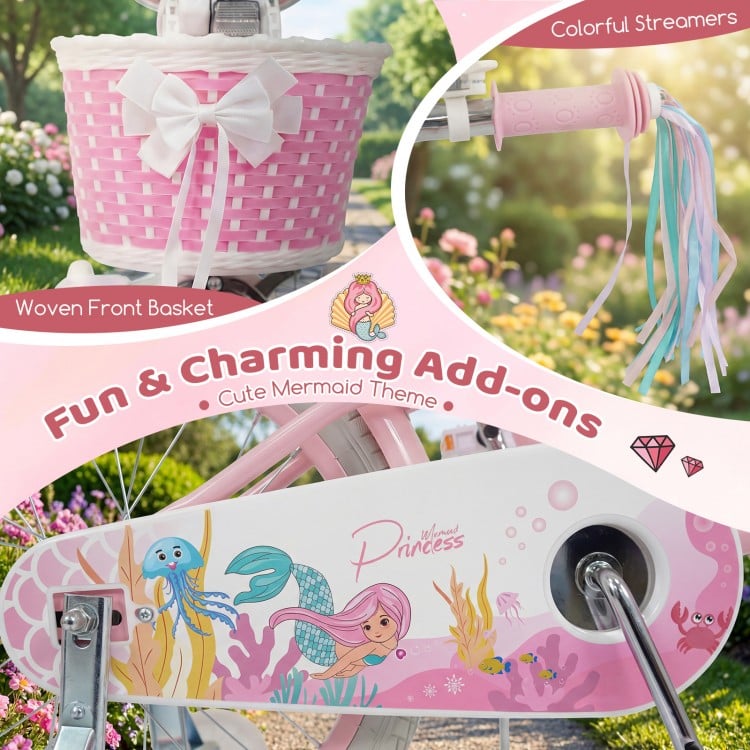 20 Inch Kids Bike Adjustable with Basket and Streamers Pink - Princess of the Sea Theme