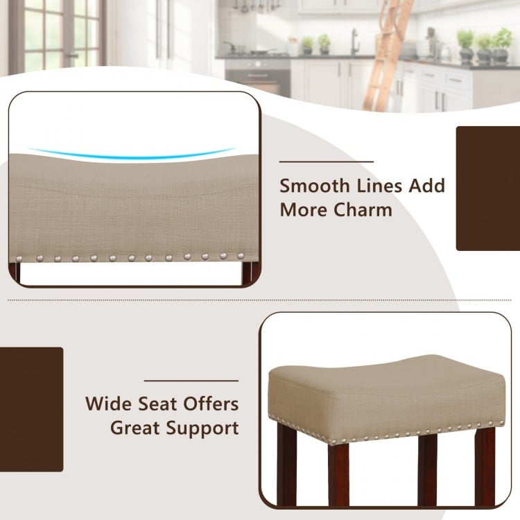 2 Set of 29 Inch Height Upholstered Bar Stool with Solid Rubber Wood Legs and Footrest-Beige