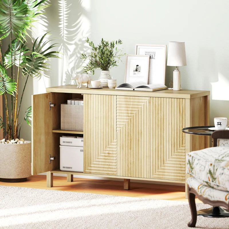 47" Buffet Cabinet with Storage, Fluted Sideboard with Push to Open Design, 2 Adjustable Shelves and 4 Doors, Natural