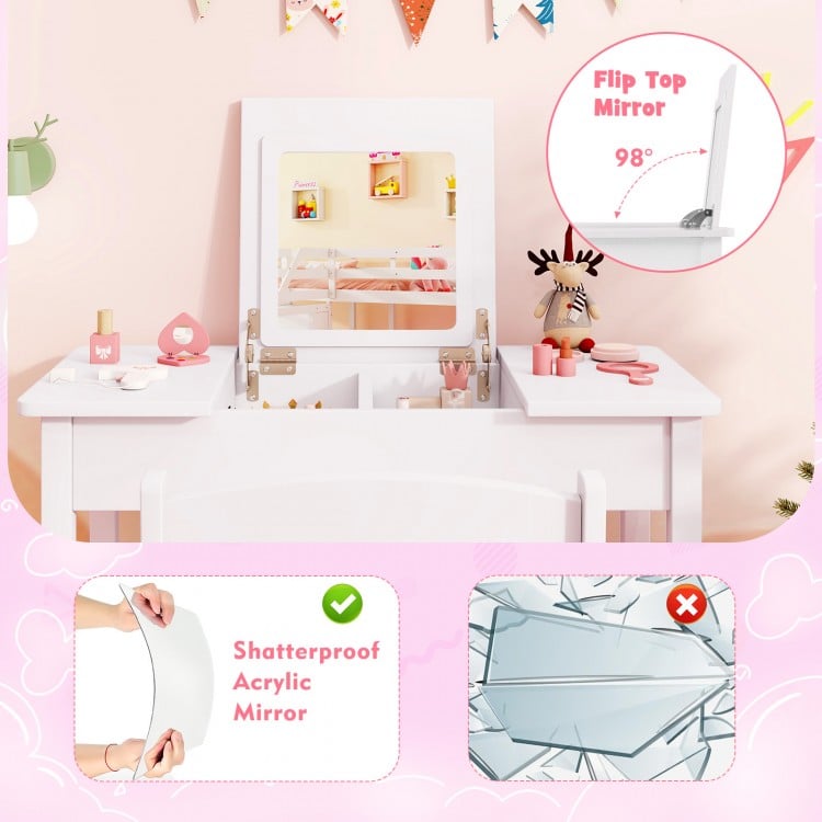 2-in-1 Kids Vanity Makeup Table and Chair Set with Flip Top Mirror-White