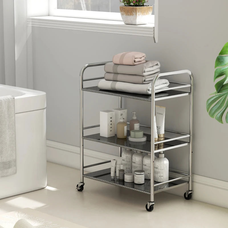3 Tier Stainless Steel Rolling Cart with Adjustable Shelf, Utility Cart on Wheels with Handles for Kitchen, Silver